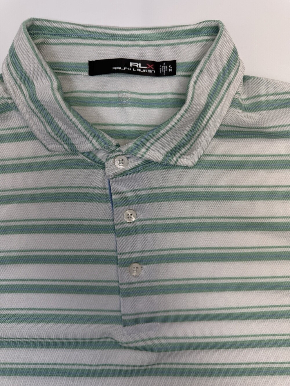 RLX Ralph Lauren Men’s XL Striped Golf Polo Shirt White Green Blue Wicking